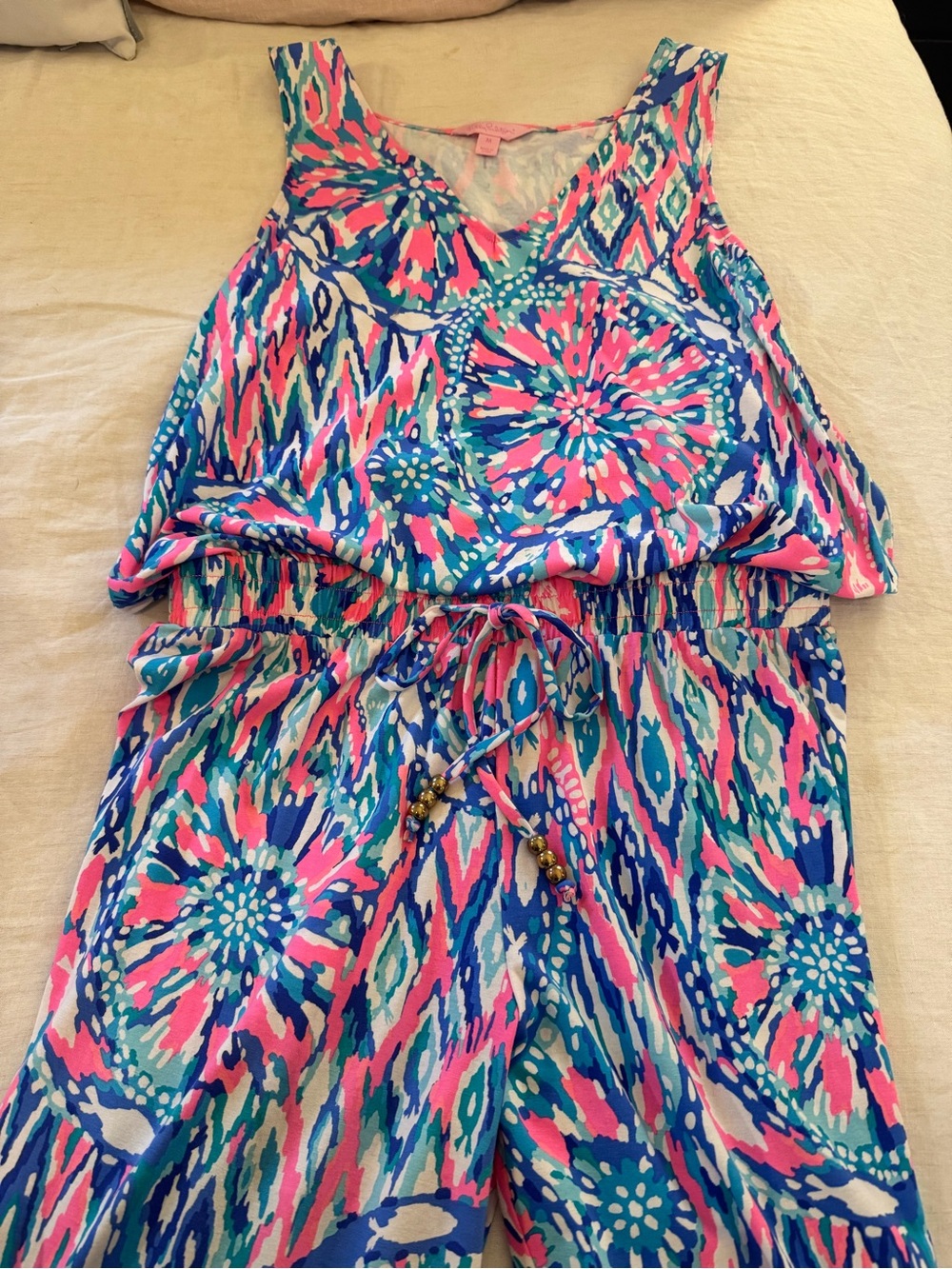 Lilly Pulitzer Sleeveless V-Neck Printed Jumpsuit in Pink & Blue - Picture 4 of 7